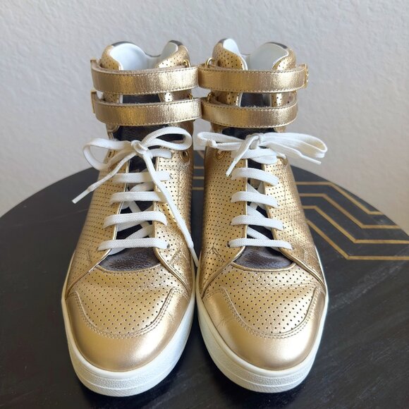Louis Vuitton Gold Metallic Hightop Leather Sneaker - Picture 1 of 9